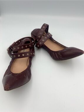 Valentino Pointed Leather Flats with Studded Double Straps - Brown